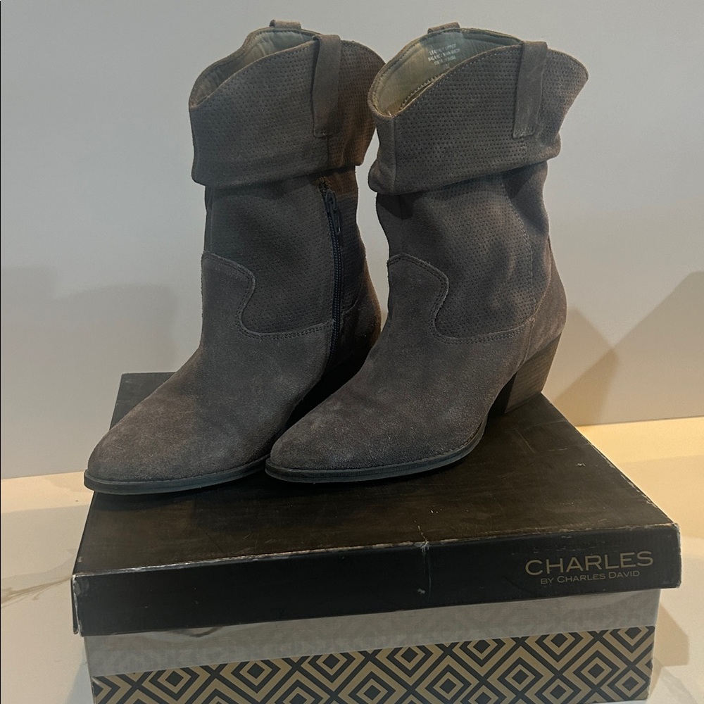 Charles By Charles David Charcoal Suede Fold-Over Ankle Boots